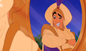 He really did not need to do this. It is clear that Jasmine would not have minded, but I guess it is to show his insecurity. Well, I will say this about the racism., Do I think they portrayed the Arabian culture the best in this film? No. Do I think it was horrible? No. Are Aladdin and Jasmine a lot lighter than Jafar? No. They are all pretty tanned.